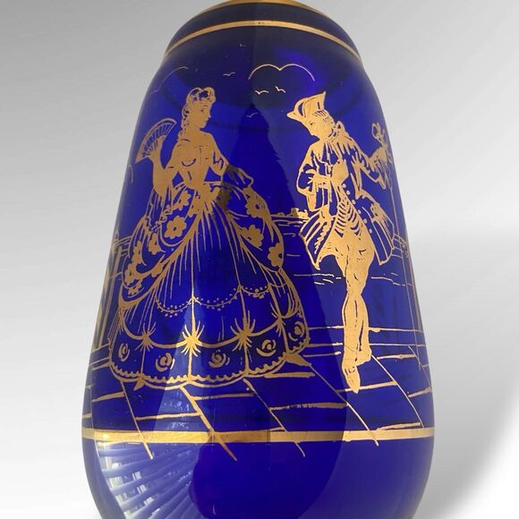 Vintage Cobalt Blue Gold Venetian Glass Decanter 10" Gondola Courting Scene 17oz - Picture 2 of 10